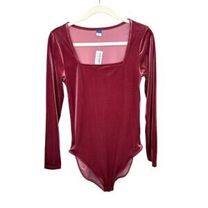 Old Navy Wine Square Neck Velvet Long Sleeve Bodysuit Medium NWT